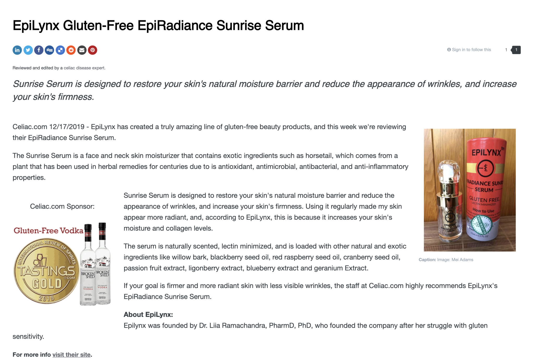 Highly Recommended and 5***** rating on Celiac.com for EpiLynx Gluten-Free Sunrise Morning Serum!