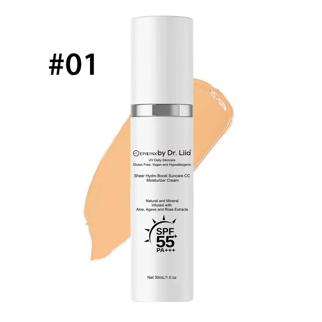 Skincare bottle with SPF 55 label on a white background
